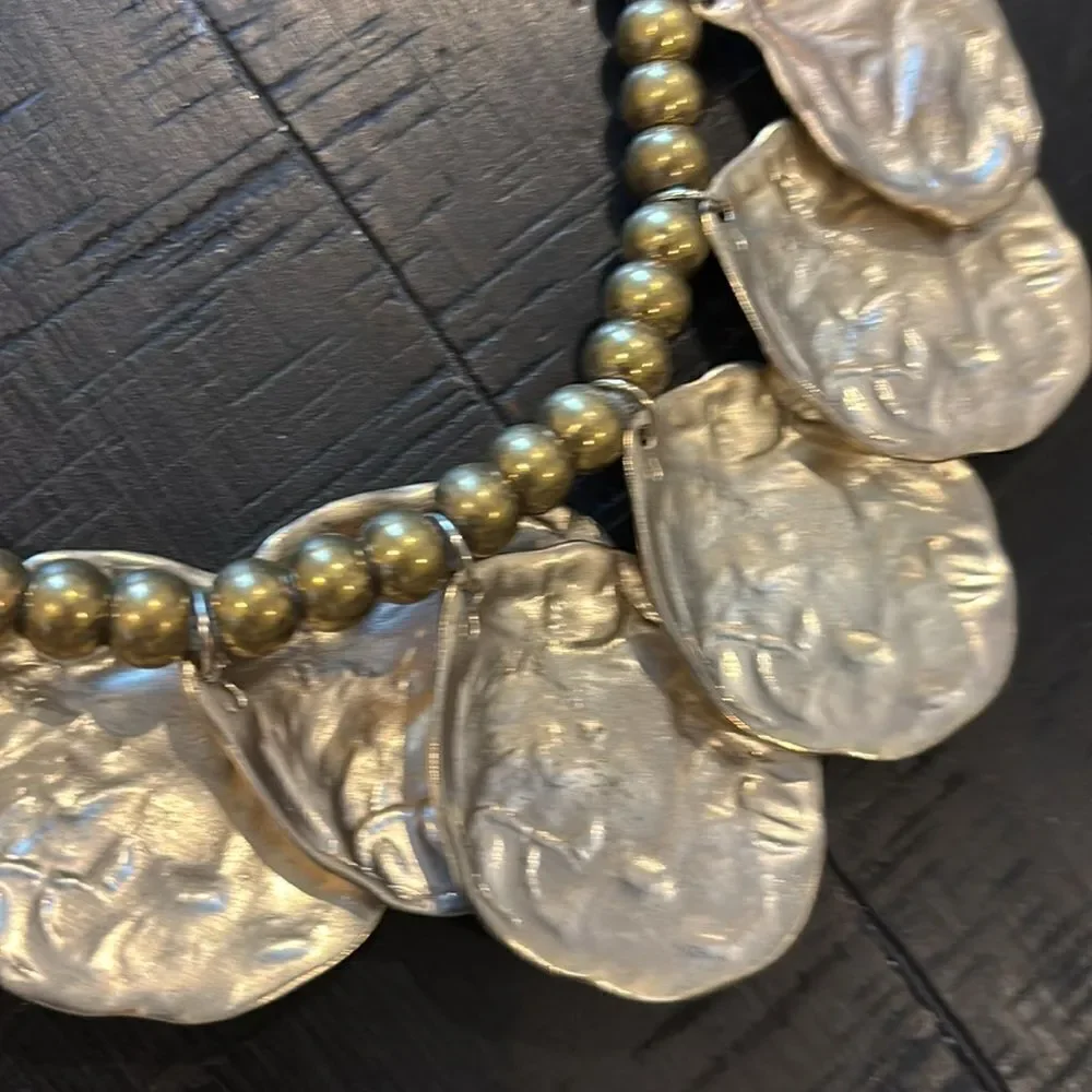 Kenneth Jay Lane Gold Beaded Satin Silver Statement Necklace Gray Fabric Tie​​​